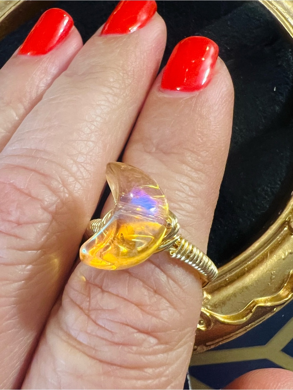Gold Wire Wrapped Iridescent Glass Crescent Moon Ring - Orange SZ 6